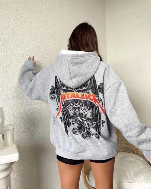 Kadın Baskılı Kapüşonlu Sweat - Gri