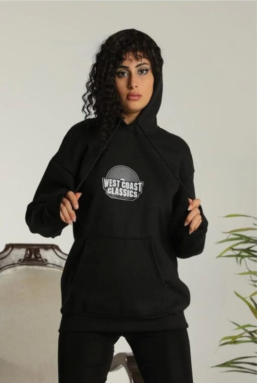 Unisex Sırt Baskılı Kapüşonlu Üç İplik Oversize Sweatshirt - Siyah