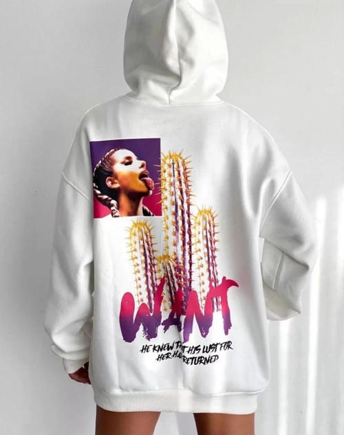 Baskılı Üç İplik Kapüşonlu Oversize Sweatshirt - Beyaz