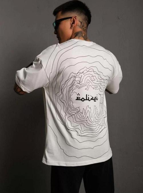 Erkek Bisiklet Yakalı Sırt Baskılı Oversize T-Shirt - Beyaz