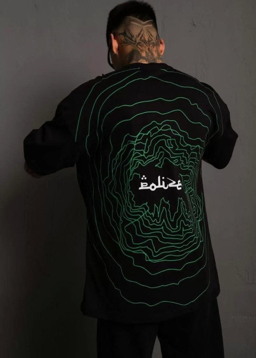 Erkek Bisiklet Yakalı Sırt Baskılı Oversize T-Shirt - Siyah