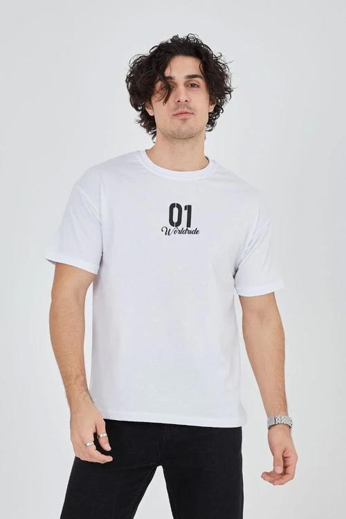 Erkek Bisiklet Yakalı Baskılı T-Shirt - Beyaz