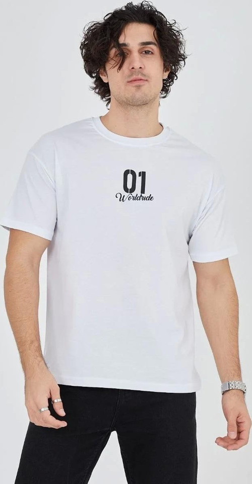 Erkek Bisiklet Yakalı Baskılı T-Shirt - Beyaz