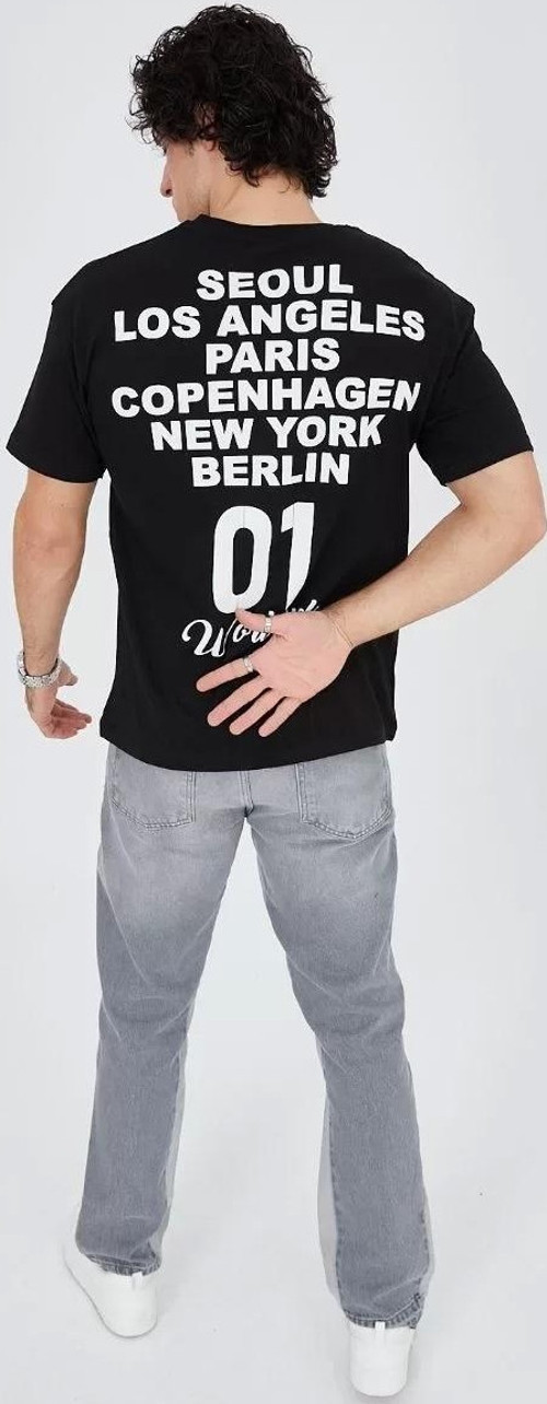Erkek Bisiklet Yakalı Baskılı T-Shirt - Siyah