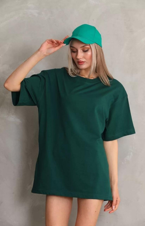 Unisex Bisiklet Yaka 20/1 Düz Oversize T-Shirt - Yeşil