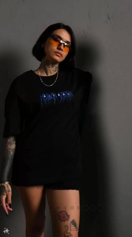 Unisex Bisiklet Yaka Baskılı Oversize T-Shirt - Siyah