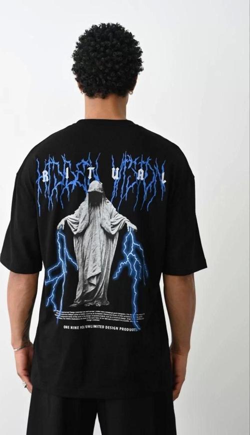 Unisex Baskılı Oversize T-Shirt - Siyah