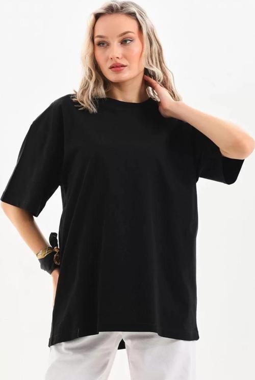 Unisex Bisiklet Yaka 20/1 Düz Oversize T-Shirt - Siyah