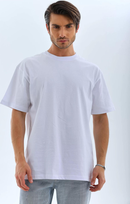 Unisex Oversize Düz Bisiklet Yaka T-Shirt - Beyaz