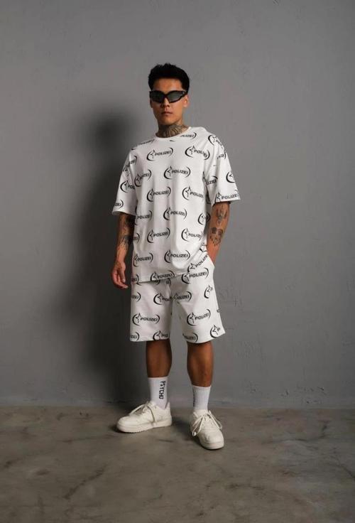 Erkek Baskılı İkili Şortlu Takım - Beyaz