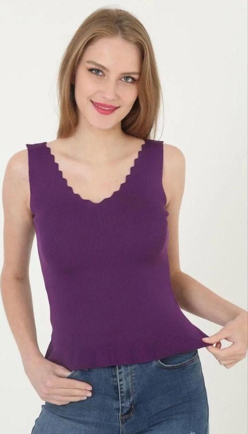 Kadın V Yaka Fırfır Detay Crop - Mor