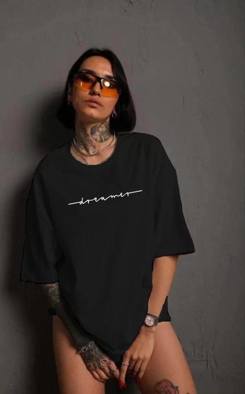 Unisex Kadın Bisiklet Yaka Baskılı T-Shirt - Siyah
