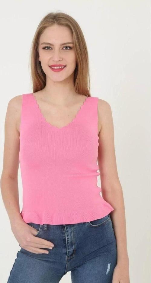 Kadın V Yaka Fırfır Detay Crop - Pembe