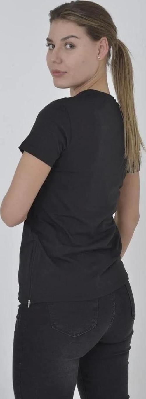 Kadın Yandan Fermuarli Slim fit T-shirt - Siyah