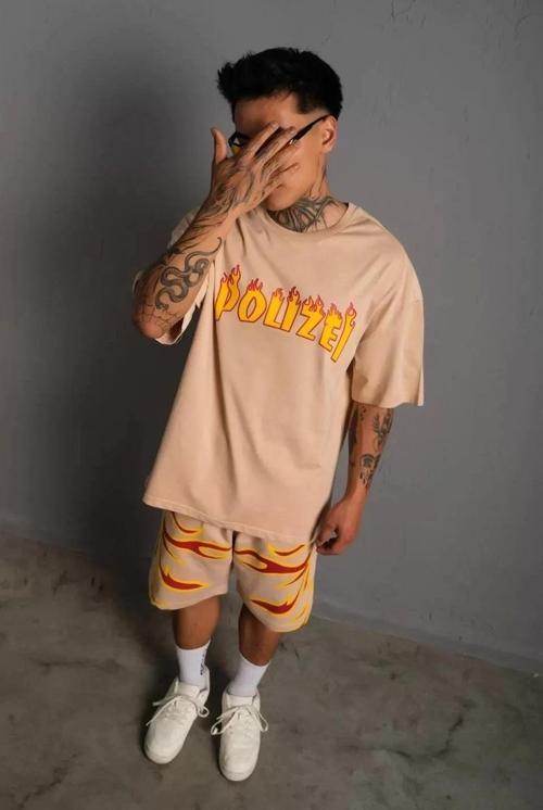 Erkek Alev Baskılı İkili Şortlu Takım - Bej