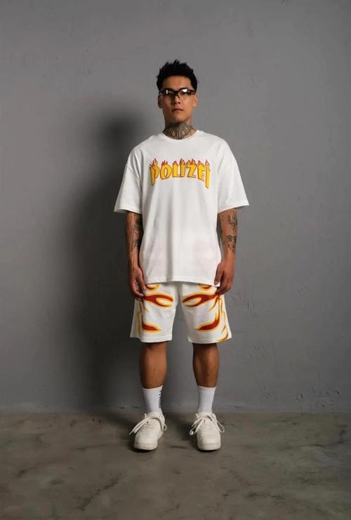 Erkek Alev Baskılı İkili Şortlu Takım - Beyaz