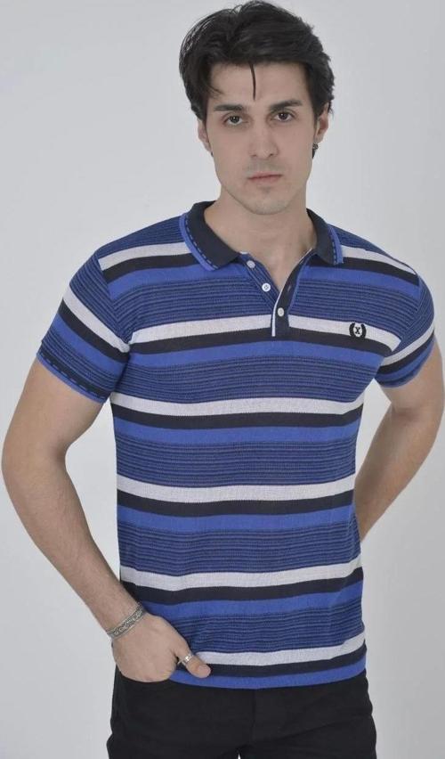 Erkek Yakalı Slim Fit Dokuma Çizgili T-Shirt - Mavi
