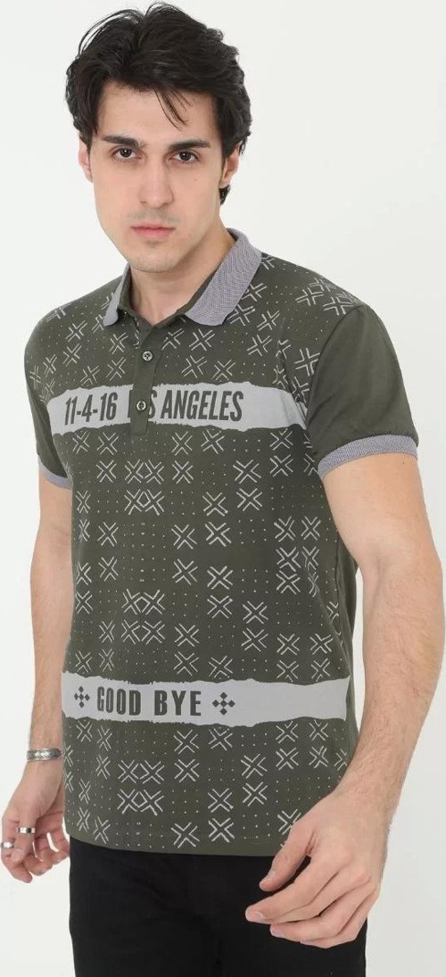 Erkek Yakalı Slim Fit Baskılı T-Shirt - Haki