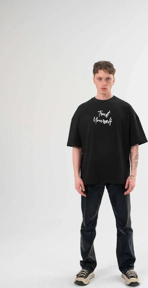 Unisex Bisiklet Yaka Baskılı Oversize T-Shirt - Siyah