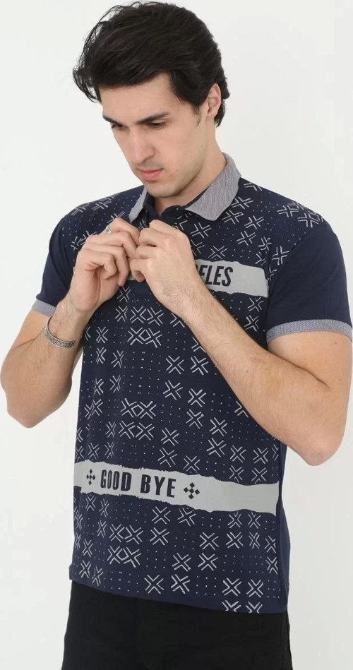 Erkek Yakalı Slim Fit Baskılı T-Shirt - Lacivert