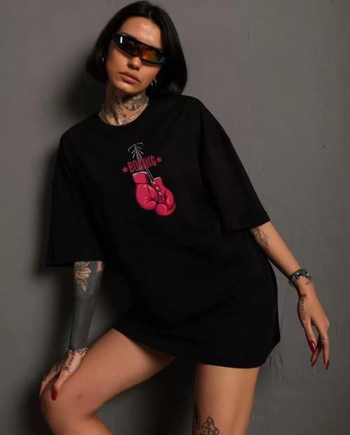 Unisex Bisiklet Yaka Baskılı Oversize T-Shirt - Siyah