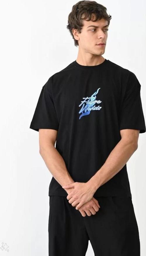 Unisex Bisiklet Yaka Baskılı Oversize T-Shirt - Siyah