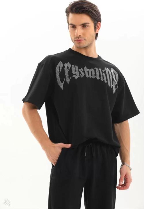 Unisex Oversize Taşlı T-Shirt - Siyah