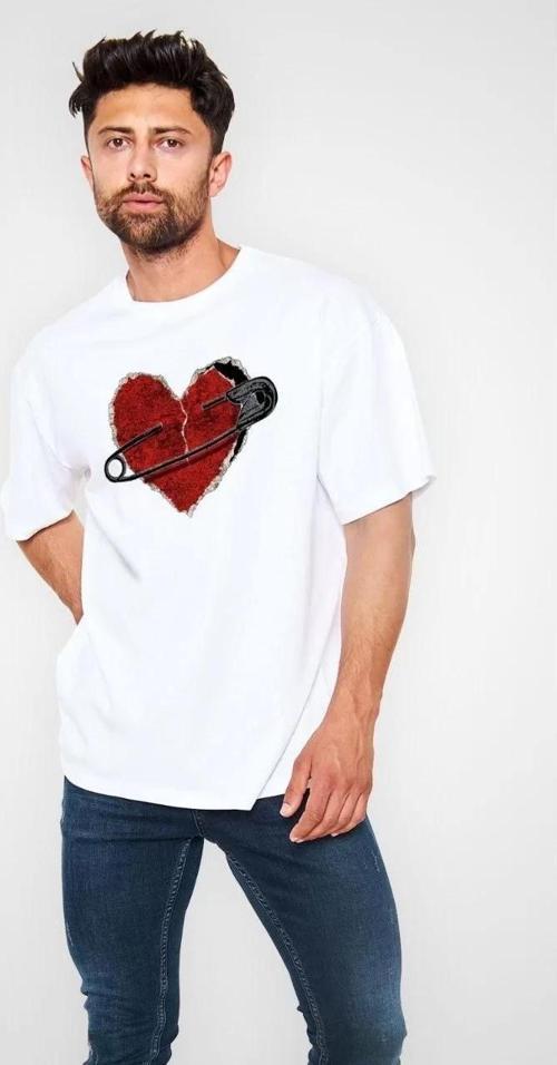 Unisex Bisiklet Yaka Baskılı Oversize T-Shirt - Beyaz