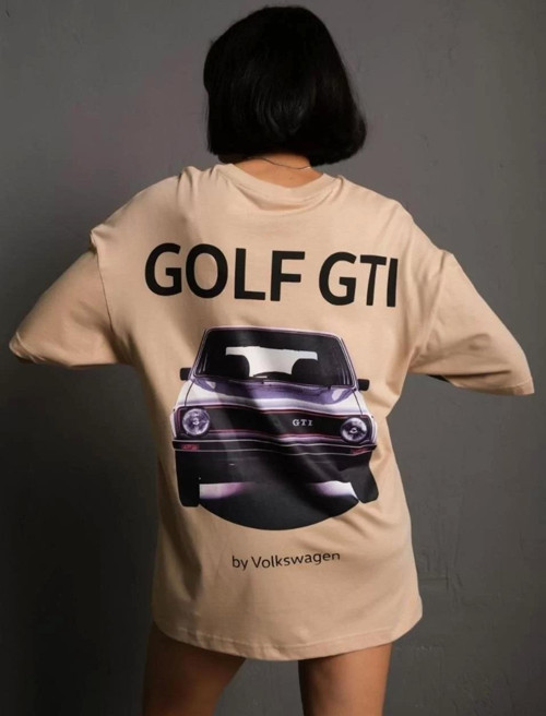 Kadın Sırt Golf Gtı Baskılı Oversize T-shirt - Bej
