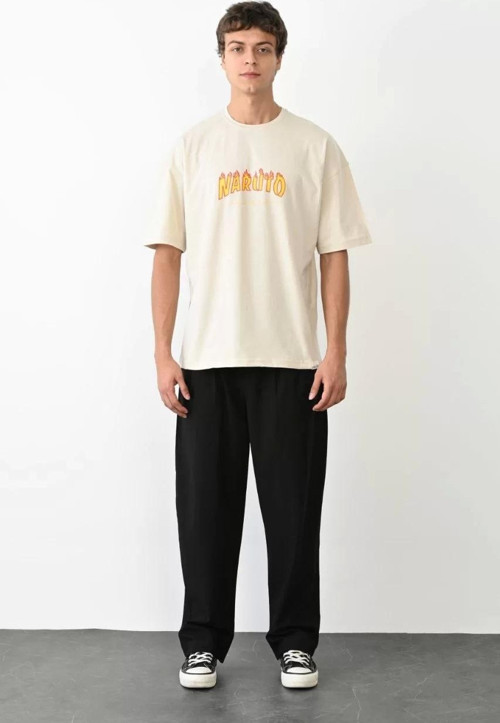 Unisex Bisiklet Yaka Baskılı Oversize T-Shirt - Beyaz