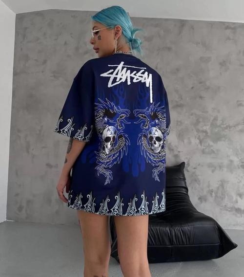 Unisex Bisiklet Yaka Baskılı Oversize T-Shirt - Lacivert