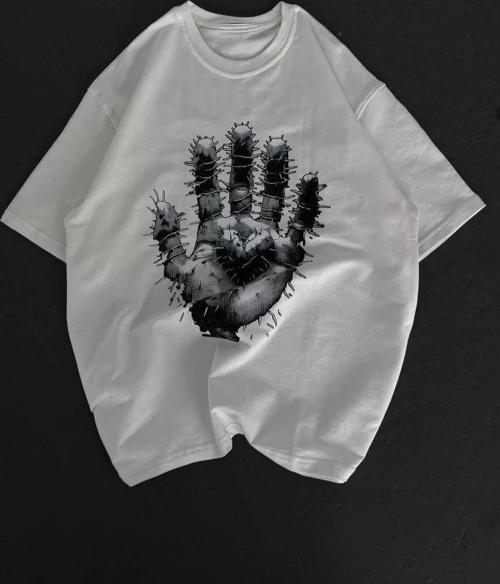 Unisex Bisiklet Yaka Baskılı Oversize T-Shirt - Beyaz