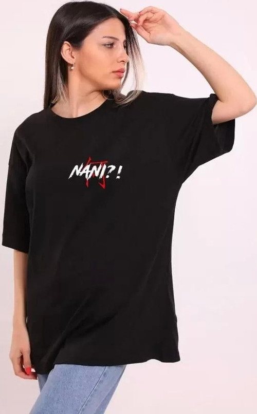 Unisex Bisiklet Yaka Baskılı Oversize T-Shirt - Siyah