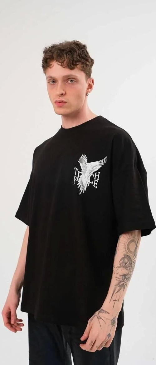 Unisex Bisiklet Yaka Baskılı Oversize T-Shirt - Siyah