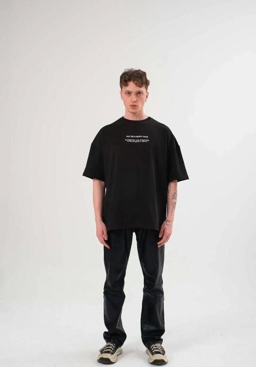 Unisex Bisiklet Yaka Baskılı Oversize T-Shirt - Siyah