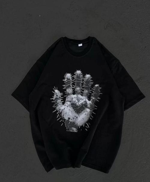Unisex Bisiklet Yaka Baskılı Oversize T-Shirt - Siyah