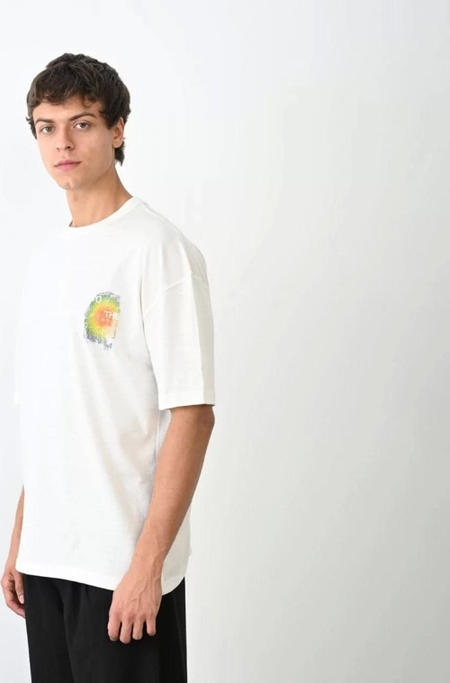 Unisex Bisiklet Yaka Baskılı Oversize T-Shirt - Beyaz