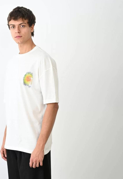 Unisex Bisiklet Yaka Baskılı Oversize T-Shirt - Beyaz