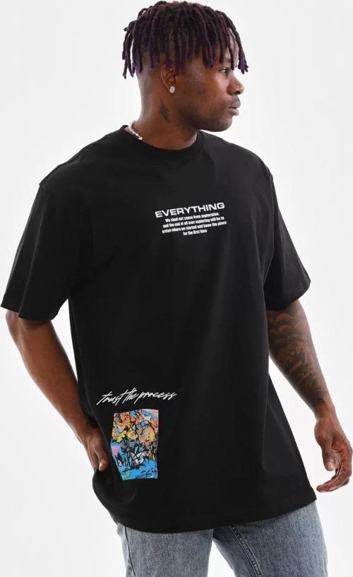 Unisex Bisiklet Yaka Baskılı Oversize T-Shirt - Siyah