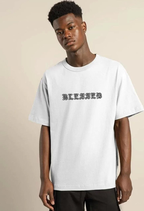 Unisex Bisiklet Yaka Oversize Baskılı T-Shirt - Beyaz