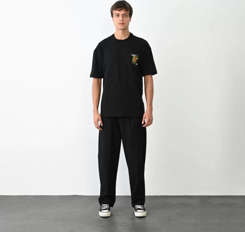 Unisex Bisiklet Yaka Baskılı Oversize T-Shirt - Siyah