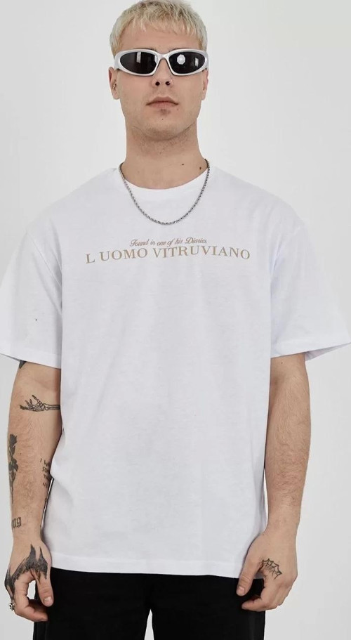Unisex Bisiklet Yaka Baskılı Oversize T-Shirt - Beyaz
