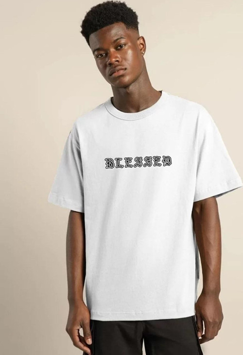 Unisex Bisiklet Yaka Oversize Baskılı T-Shirt - Beyaz
