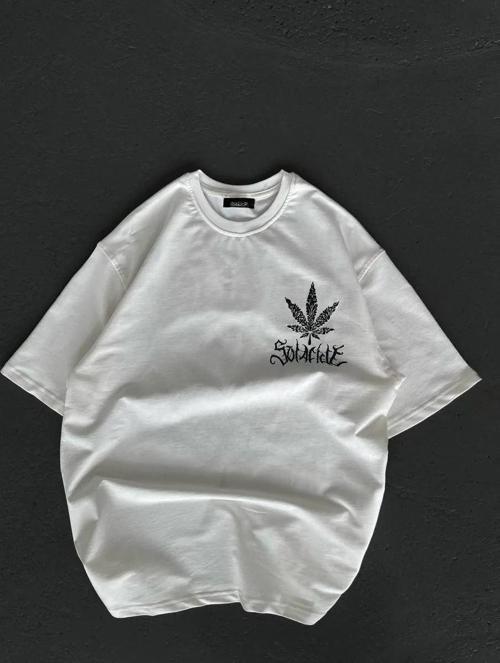 Unisex Bisiklet Yaka Baskılı Oversize T-Shirt - Beyaz