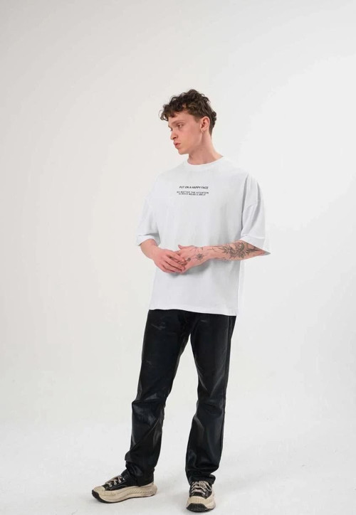 Unisex Bisiklet Yaka Baskılı Oversize T-Shirt - Beyaz