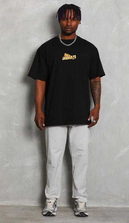 Unisex Bisiklet Yaka Baskılı Oversize T-Shirt - Siyah