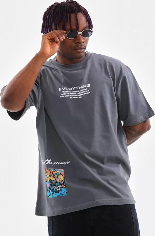 Unisex Bisiklet Yaka Baskılı Oversize T-Shirt - Gri