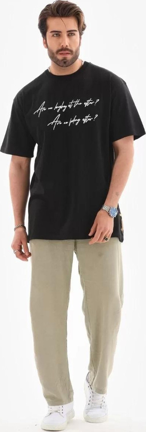 Unisex Bisiklet Yaka Baskılı Oversize T-Shirt - Siyah
