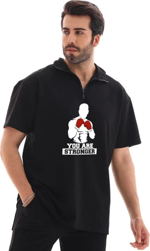 Unisex Yarım Fermuarlı Oversize Baskılı T-Shirt - Siyah