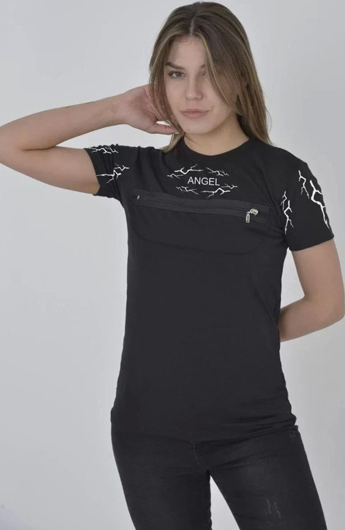 Unisex Göğüs Fermuarlı Baskılı T-Shirt - Siyah